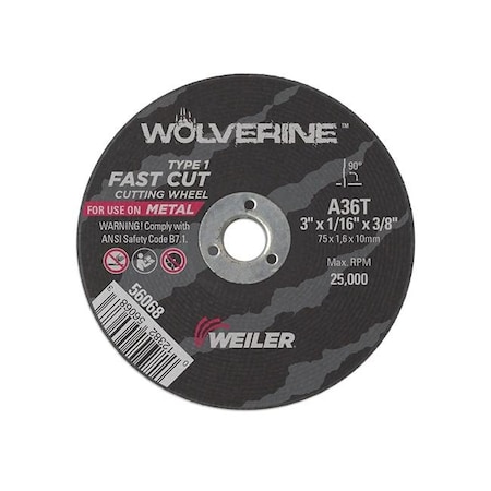 Weiler Weiler 804-56068 3 x .625 x .375 in. Wolverine Type 1 Cutting Wheel; A36T 804-56068